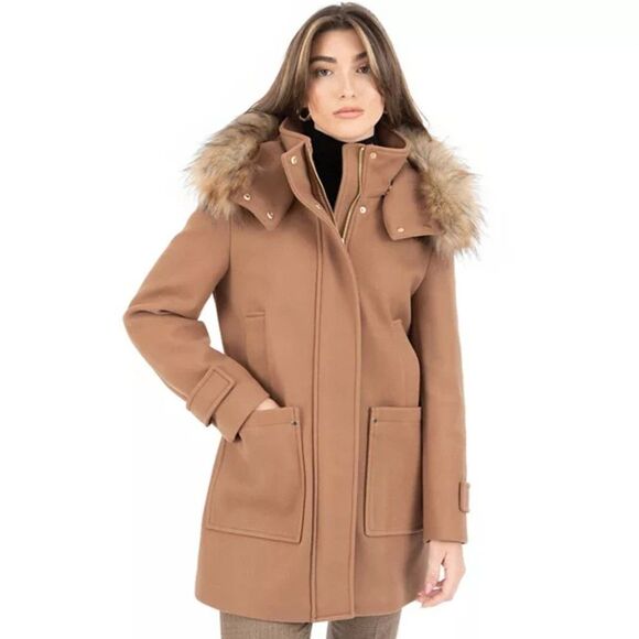 Nine West Camel Hooded Faux-Fur Trim Zip/ Snap Pea Coat Sz Sm NWT - Picture 2 of 7